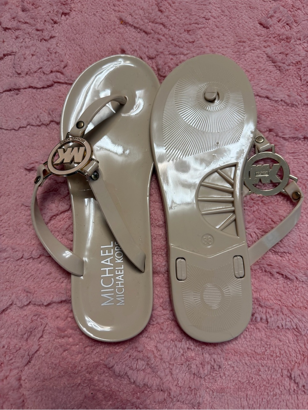 MK  Women's Beige Logo Jelly Thong Sandals